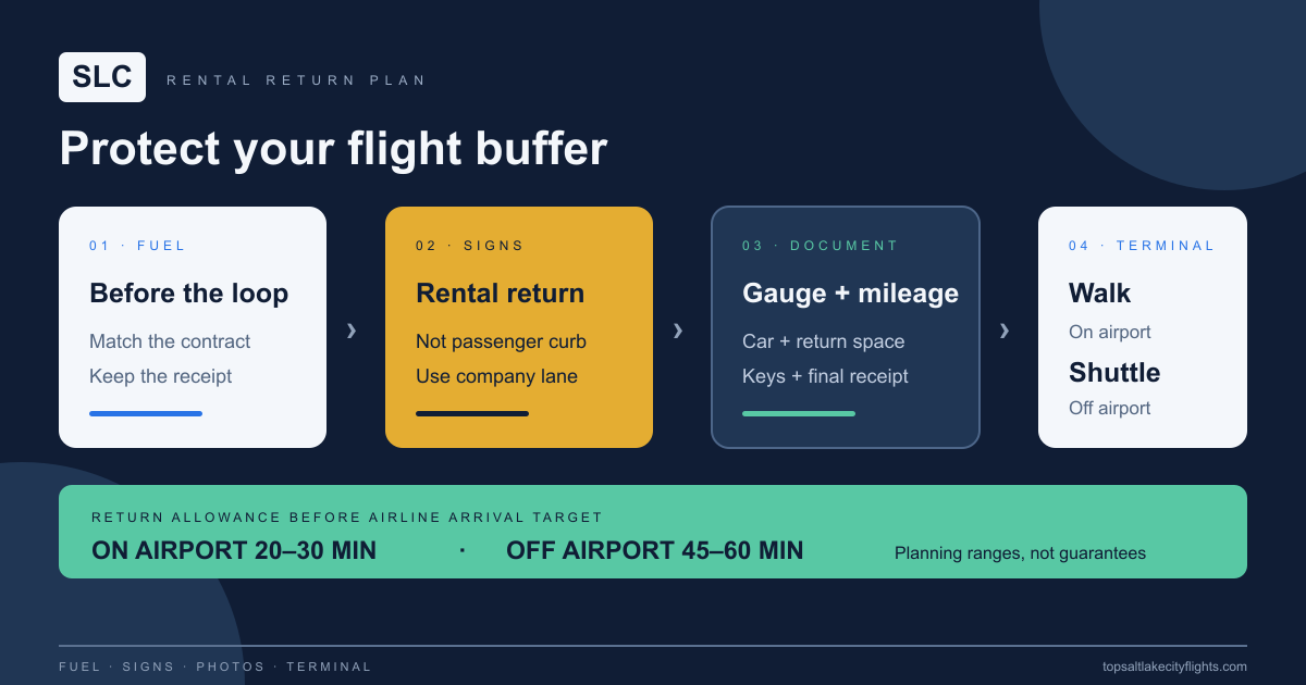 SLC Airport rental-car return plan showing fuel, rental return signs, drop-off documentation, and the terminal walk or shuttle